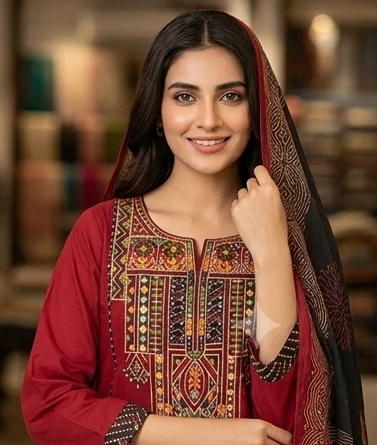 Fancy neck yoke mirror emb cotton suit with Dupatta