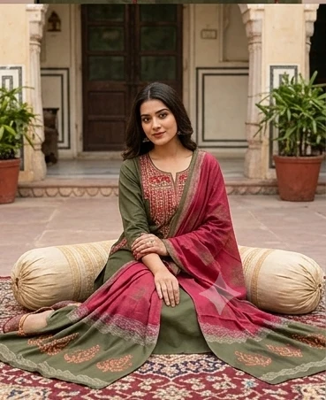 Fancy neck yoke mirror emb cotton suit with Dupatta