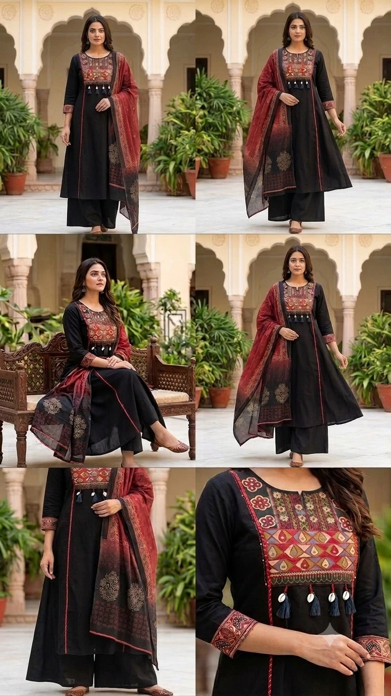 Fancy neck yoke Sindhi emb cotton suit with Dupatta