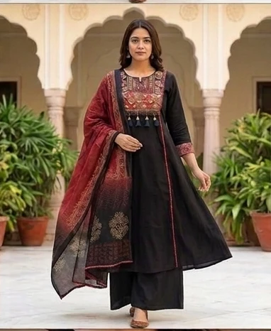 Fancy neck yoke Sindhi emb cotton suit with Dupatta