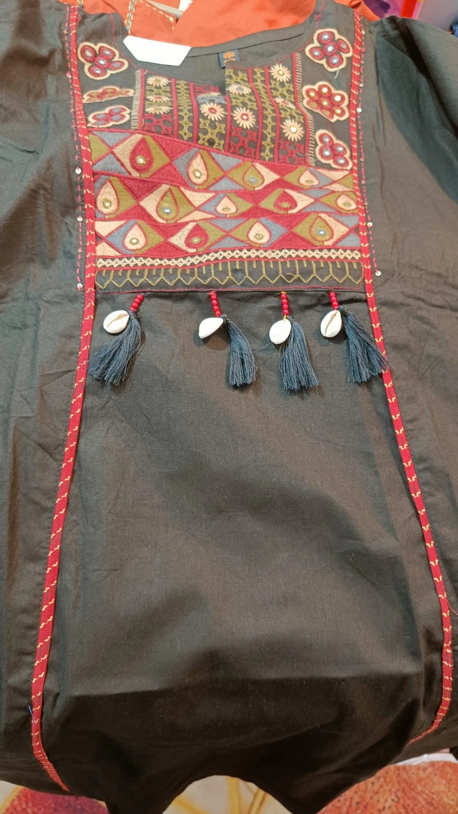 Fancy neck yoke Sindhi emb cotton suit with Dupatta