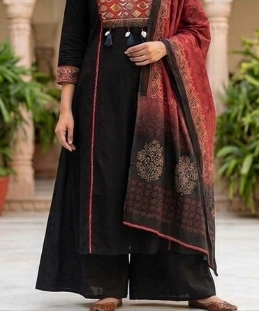 Fancy neck yoke Sindhi emb cotton suit with Dupatta