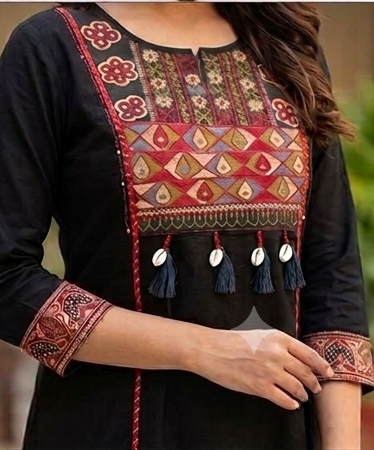 Fancy neck yoke Sindhi emb cotton suit with Dupatta