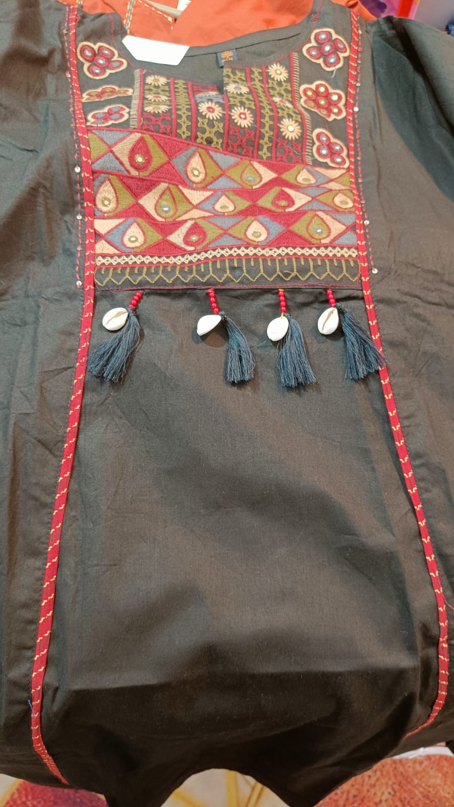 Fancy neck yoke Sindhi emb cotton suit with Dupatta