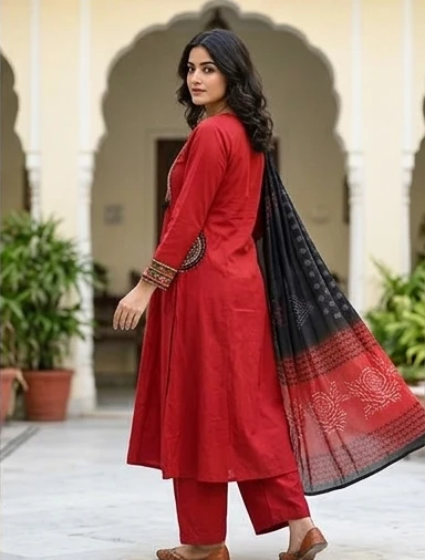 Fancy neck yoke/emb cotton suit with Dupatta