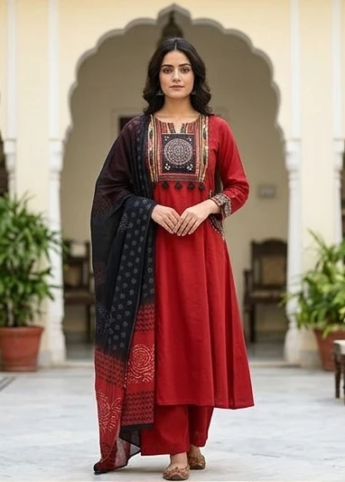 Gurjari print and applique work neck yoke with dupatta