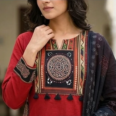 Gurjari print and applique work neck yoke with dupatta