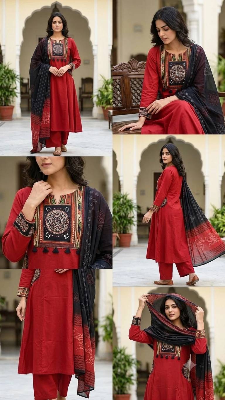 Gurjari print and applique work neck yoke with dupatta