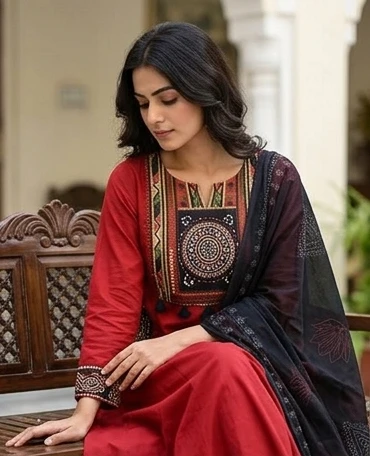Gurjari print and applique work neck yoke with dupatta