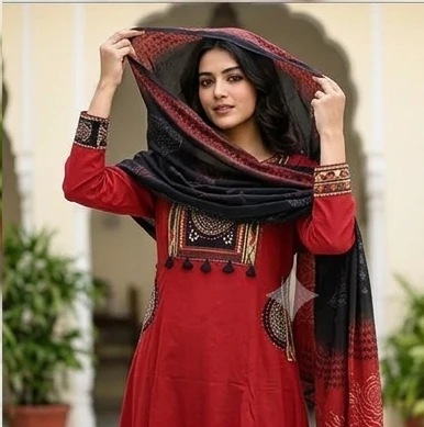 Gurjari print and applique work neck yoke with dupatta