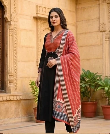 Gurjari print and applique work neck yoke with dupatta