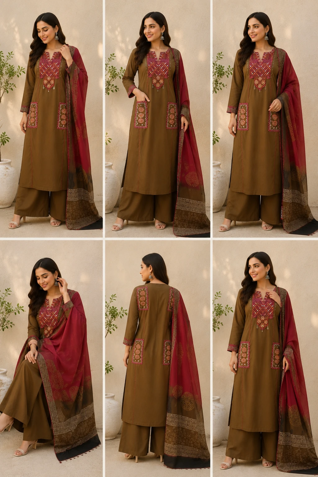 Fancy neck yoke mirror emb cotton suit with Dupatta