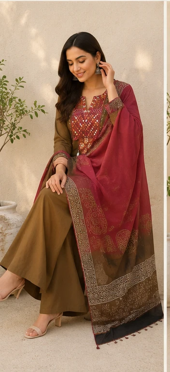 Fancy neck yoke mirror emb cotton suit with Dupatta