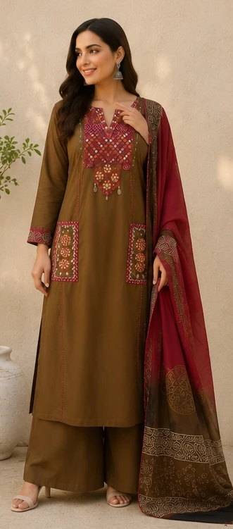 Fancy neck yoke mirror emb cotton suit with Dupatta