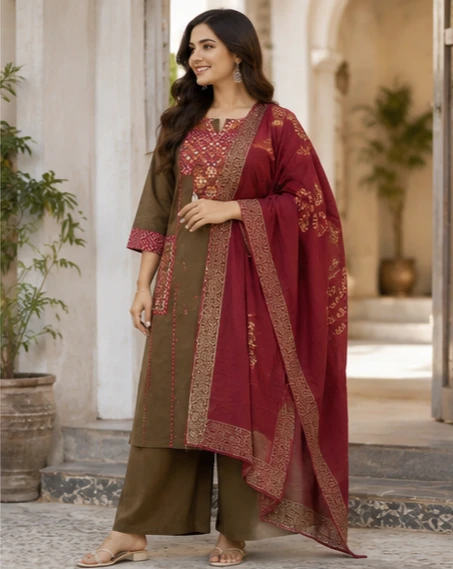 Fancy neck yoke mirror emb cotton suit with Dupatta