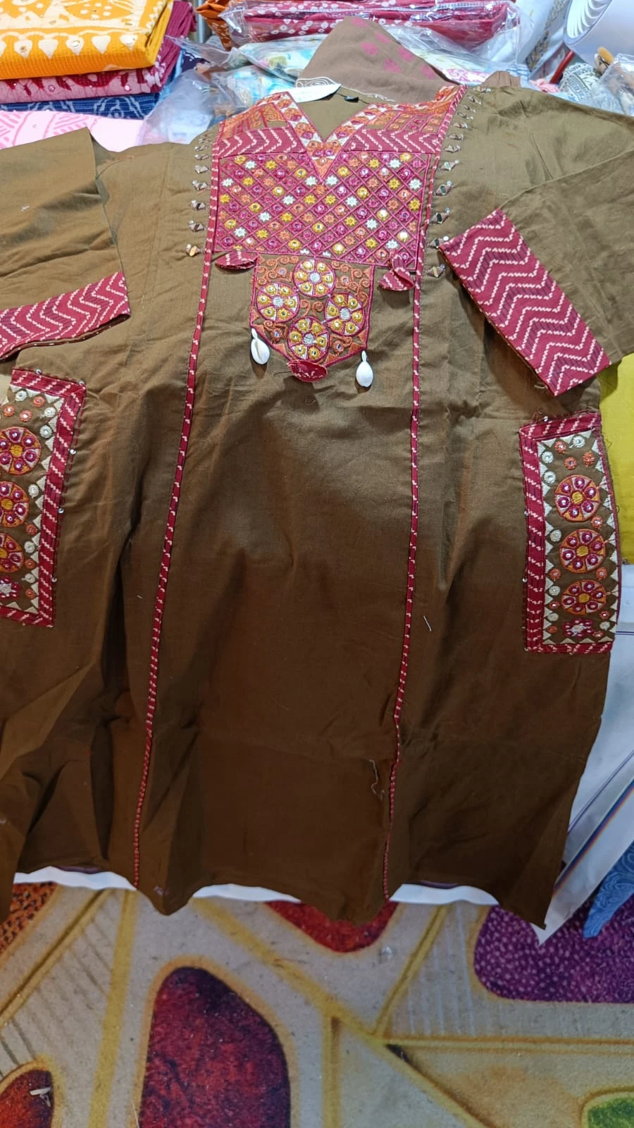 Fancy neck yoke mirror emb cotton suit with Dupatta