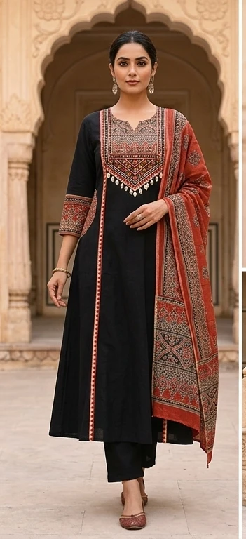 Azrak yoke with embroidery and dupatta