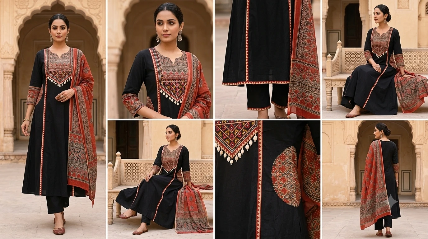 Azrak yoke with embroidery and dupatta