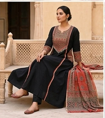 Azrak yoke with embroidery and dupatta