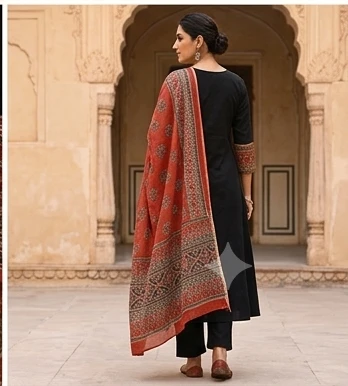 Azrak yoke with embroidery and dupatta
