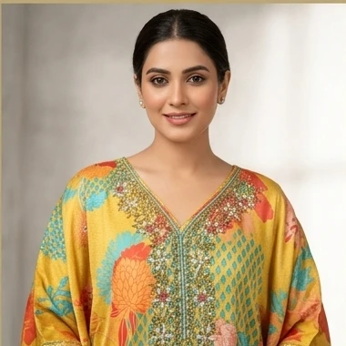 Kaftan set printed with Embroidery on neck