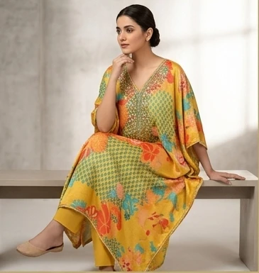 Kaftan set printed with Embroidery on neck