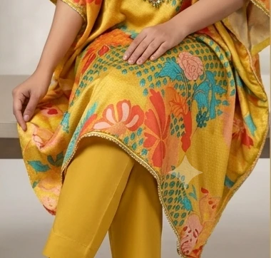 Kaftan set printed with Embroidery on neck