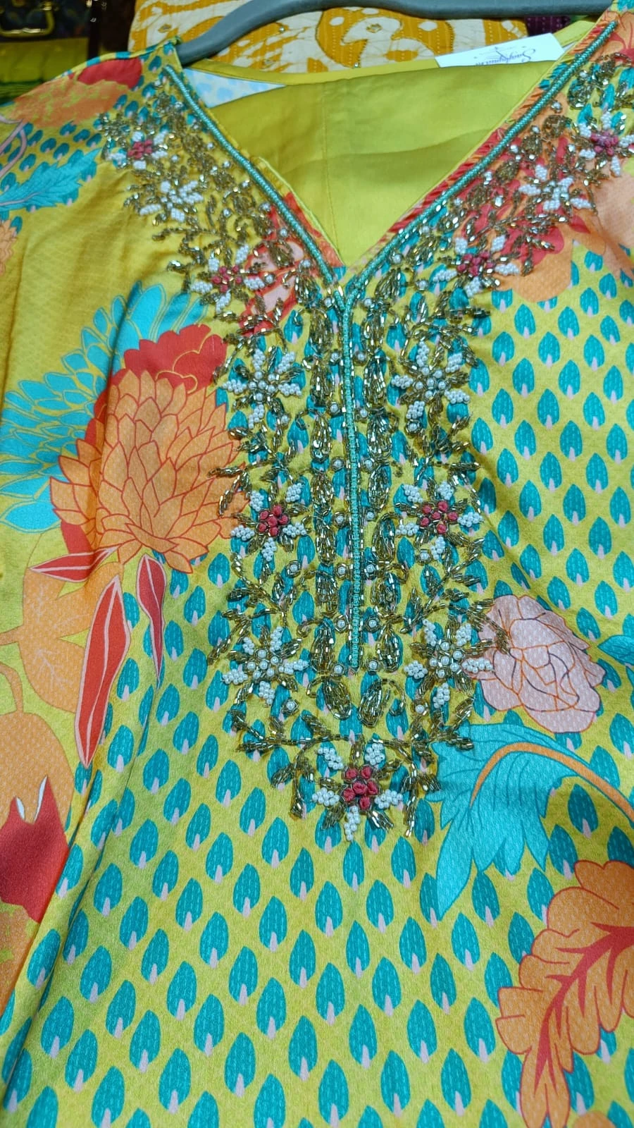 Kaftan set printed with Embroidery on neck