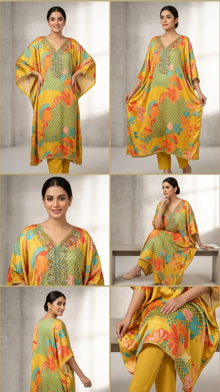 Kaftan set printed with Embroidery on neck