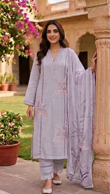 Designer suit in cotton with Swan pattern in dupatta and suit
