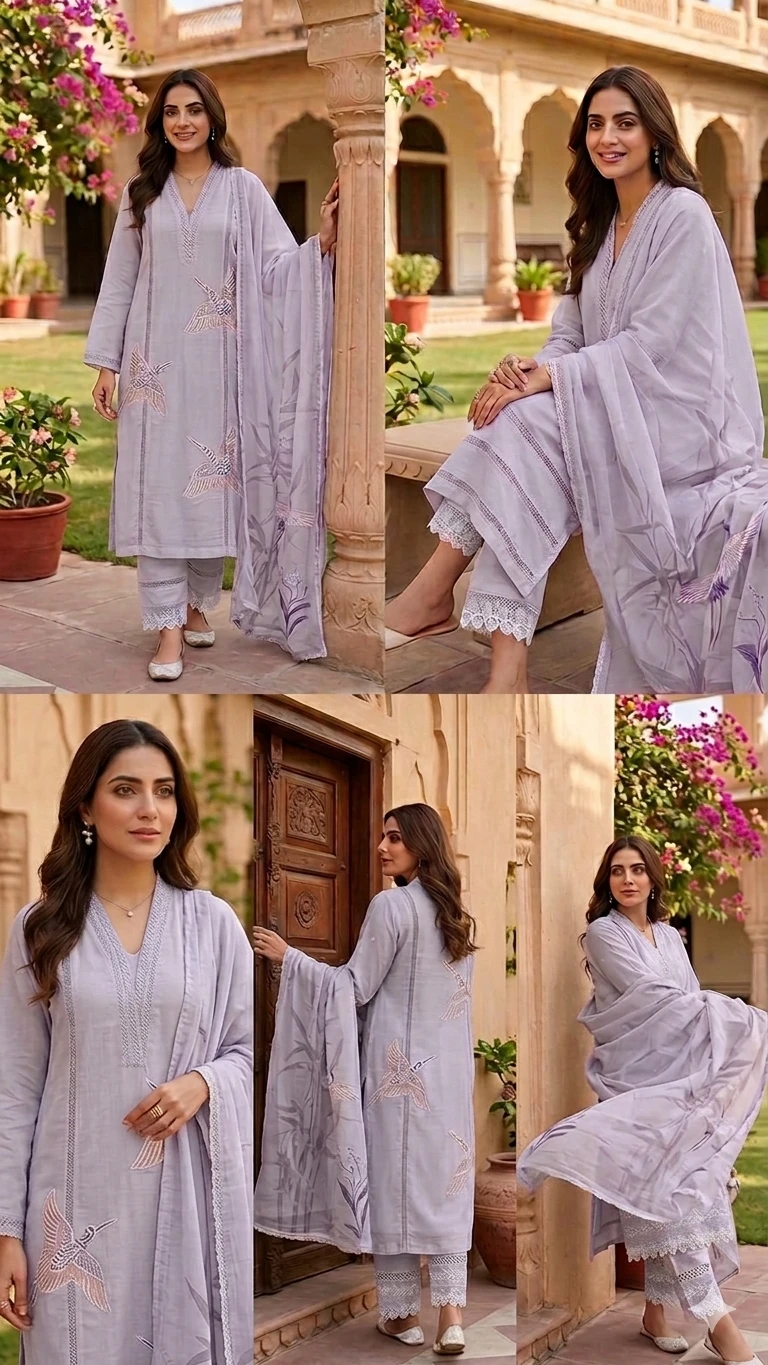 Designer suit in cotton with Swan pattern in dupatta and suit