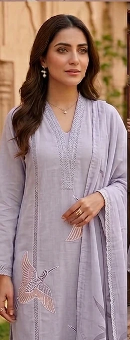 Designer suit in cotton with Swan pattern in dupatta and suit