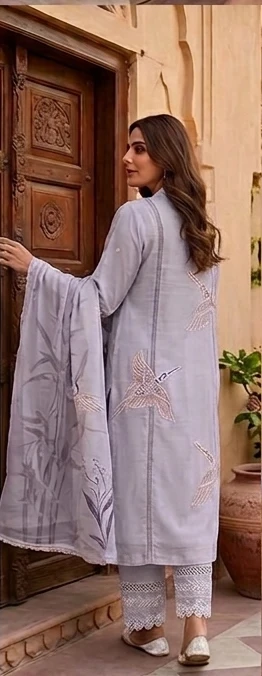Designer suit in cotton with Swan pattern in dupatta and suit