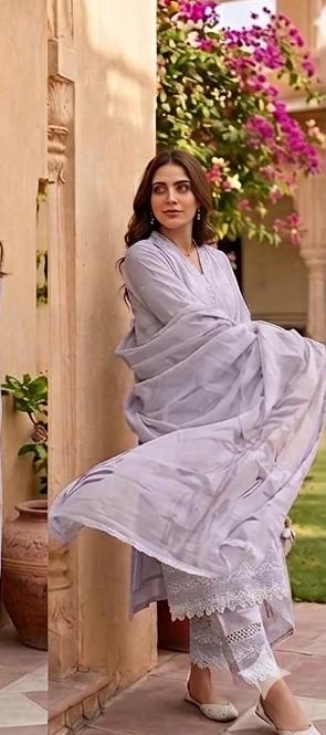 Designer suit in cotton with Swan pattern in dupatta and suit