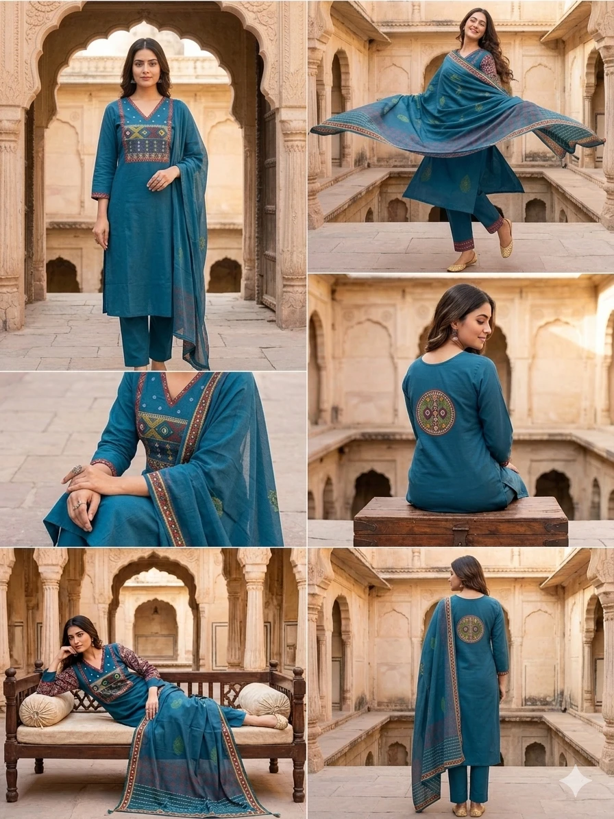 Fancy cotton desiner suit V neck with dupatta
