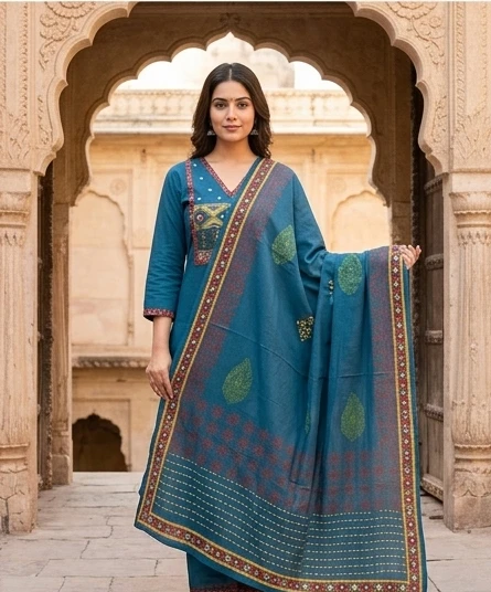 Fancy cotton desiner suit V neck with dupatta