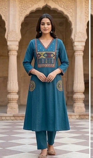 Fancy cotton desiner suit V neck with dupatta