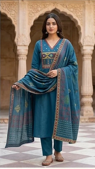 Fancy cotton desiner suit V neck with dupatta
