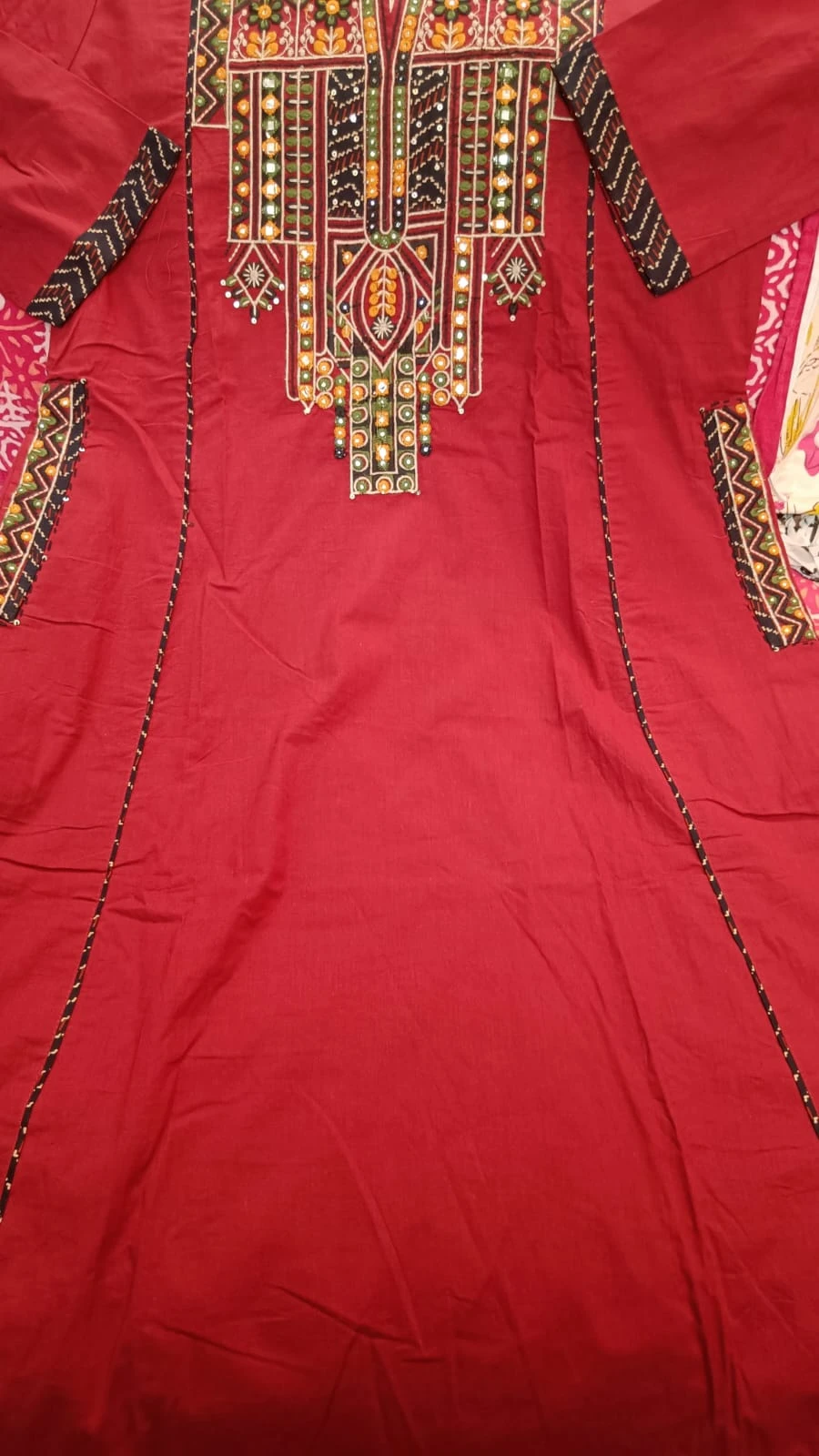 Fancy neck yoke mirror emb cotton suit with Dupatta