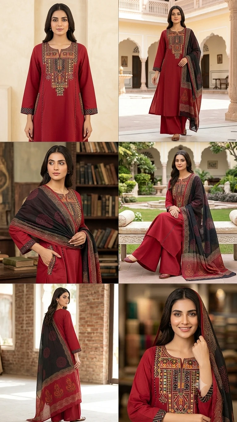 Fancy neck yoke mirror emb cotton suit with Dupatta