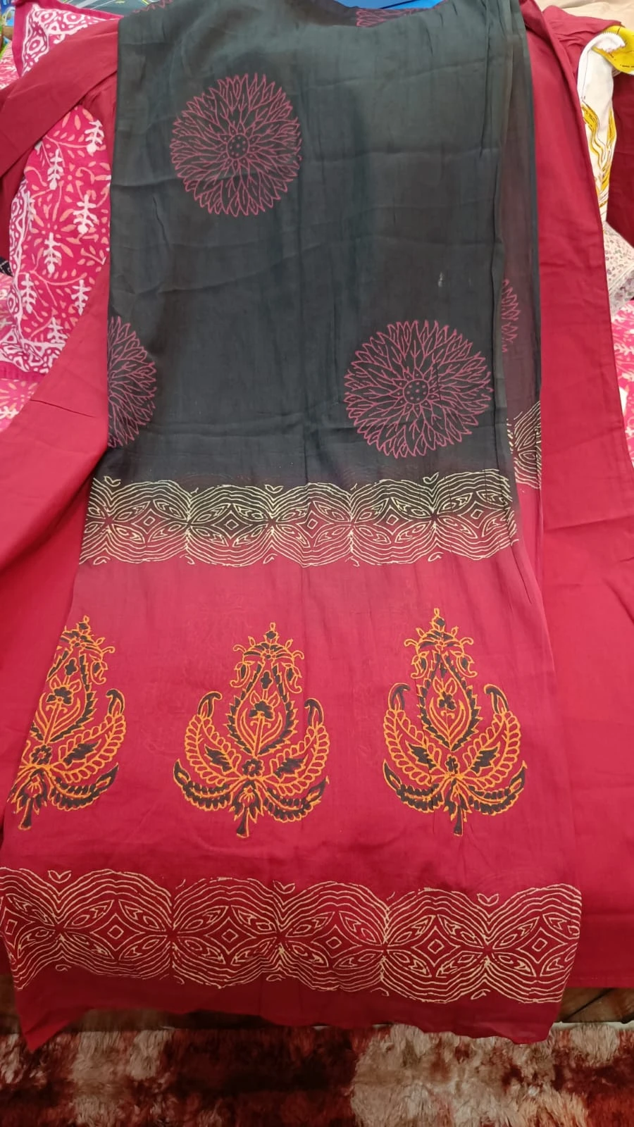 Fancy neck yoke mirror emb cotton suit with Dupatta