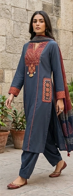 Fancy neck yoke mirror emb cotton suit with Dupatta