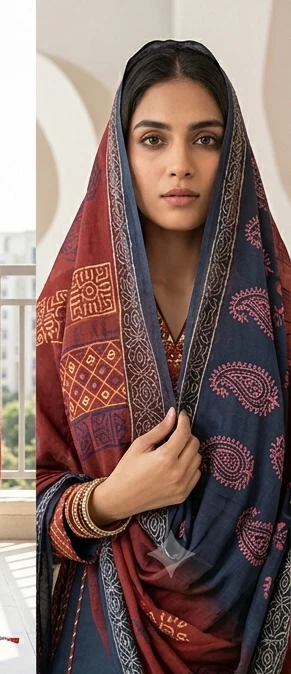 Fancy neck yoke mirror emb cotton suit with Dupatta