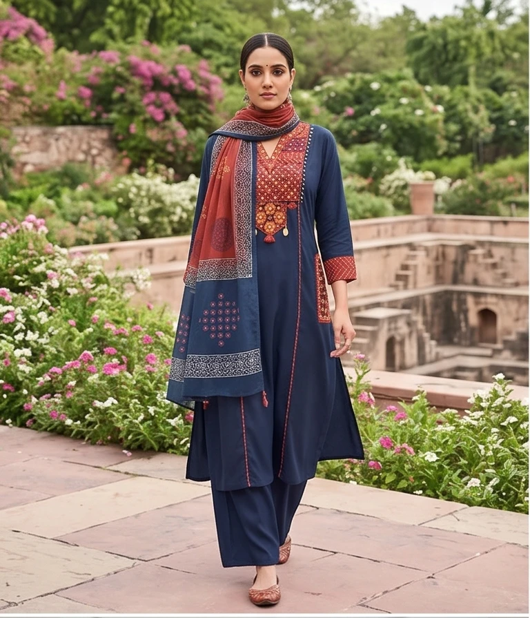 Fancy neck yoke mirror emb cotton suit with Dupatta