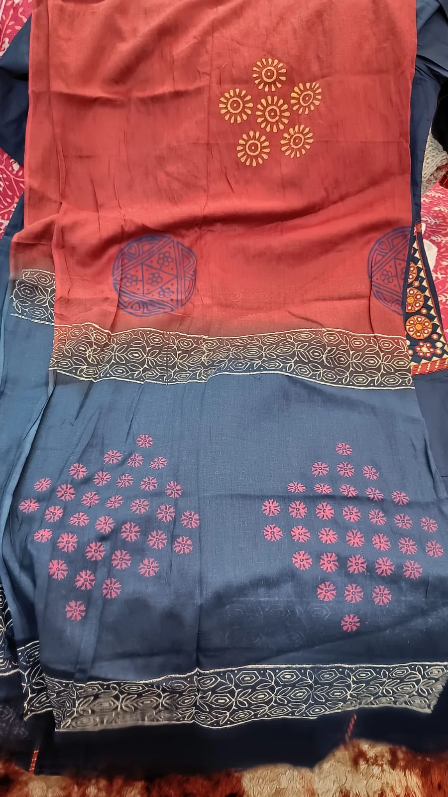 Fancy neck yoke mirror emb cotton suit with Dupatta