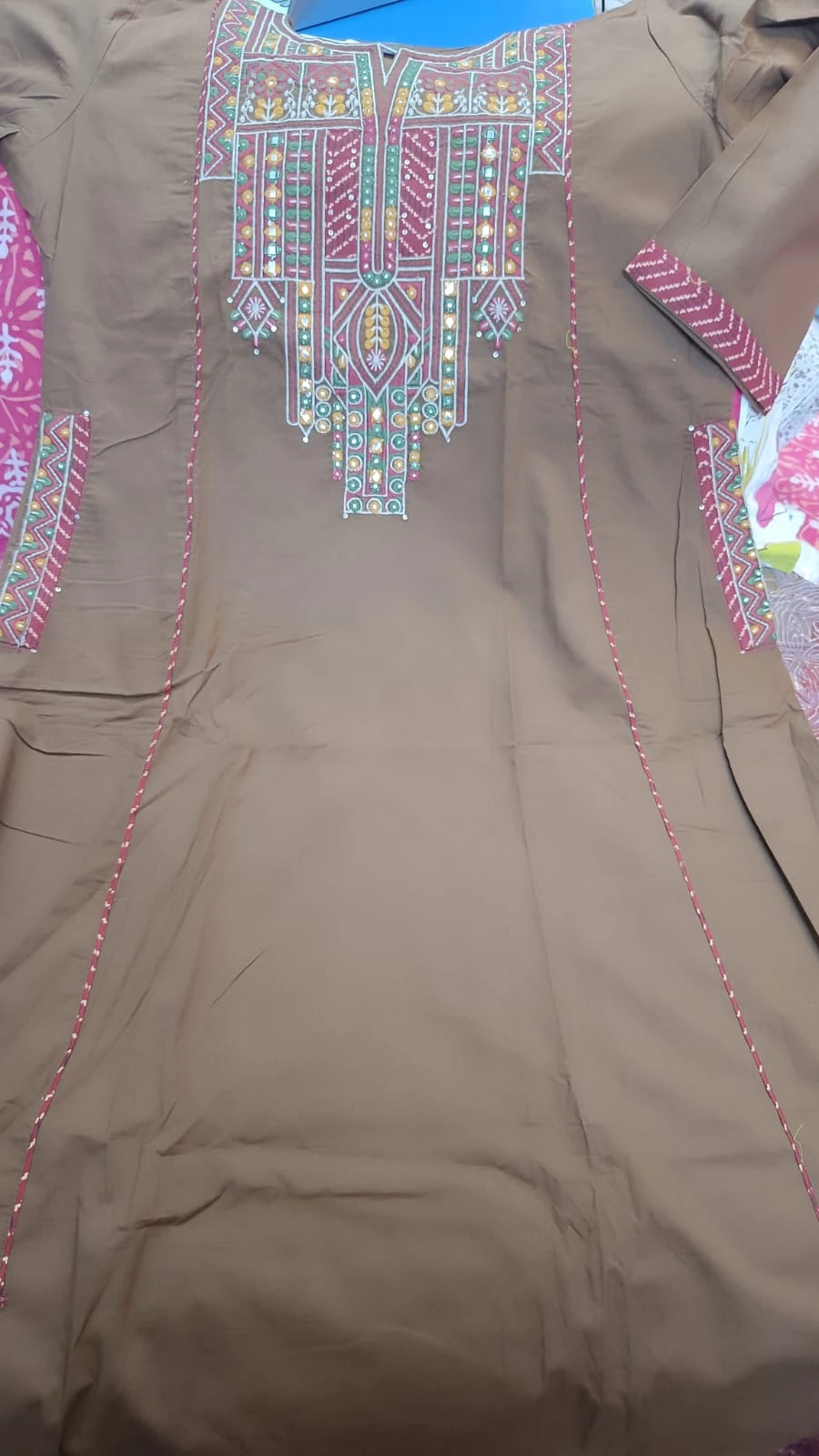 Fancy neck yoke mirror emb cotton suit with Dupatta
