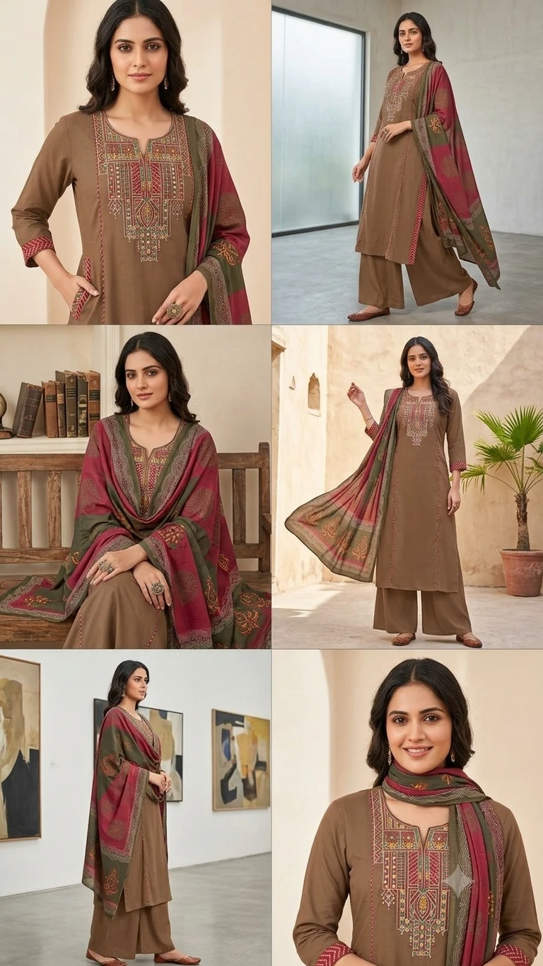 Fancy neck yoke mirror emb cotton suit with Dupatta