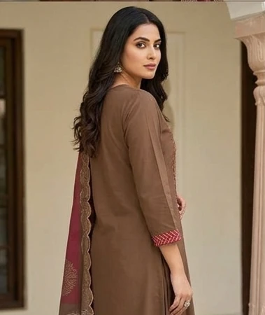 Fancy neck yoke mirror emb cotton suit with Dupatta