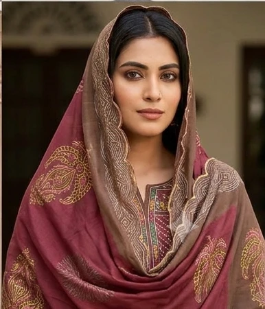 Fancy neck yoke mirror emb cotton suit with Dupatta