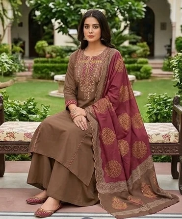 Fancy neck yoke mirror emb cotton suit with Dupatta
